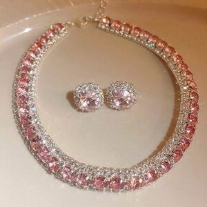 NEW Elegant Pink Crystal Necklace & Stud Earrings Set - Women Jewelry